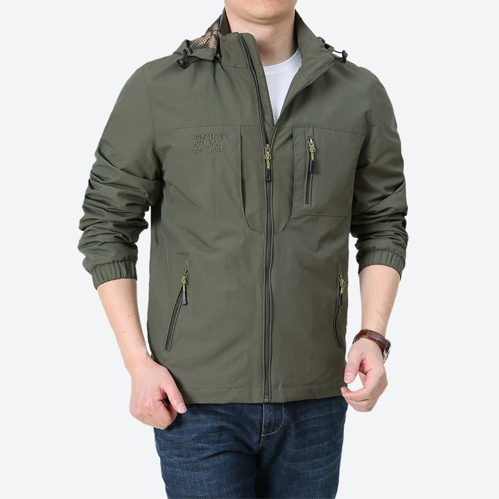 Herren Windabweisende Microfaser-Utilityjacke mit Kapuze und Mehrfach-Reißverschlusstaschen Drune