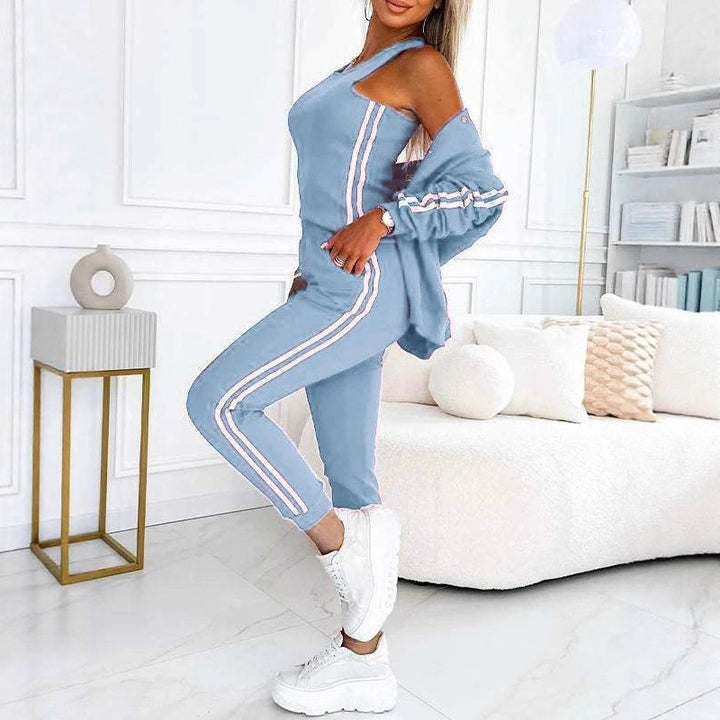 Damen nan sportliches Jogginganzug-Set mit Collegejacke, kurzes Top und slim-fit Jogginghose Drune