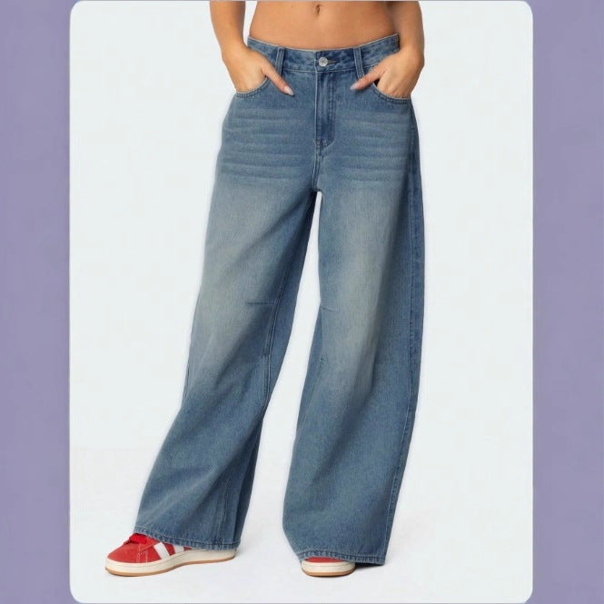 Damen Extraweite High-Waist Denim-Palazzohose mit langem Schlag Drune
