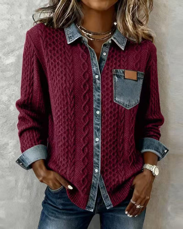 Damen nan geflochtener Strickpullover mit integriertem Jeanskragen und Brusttasche Drune