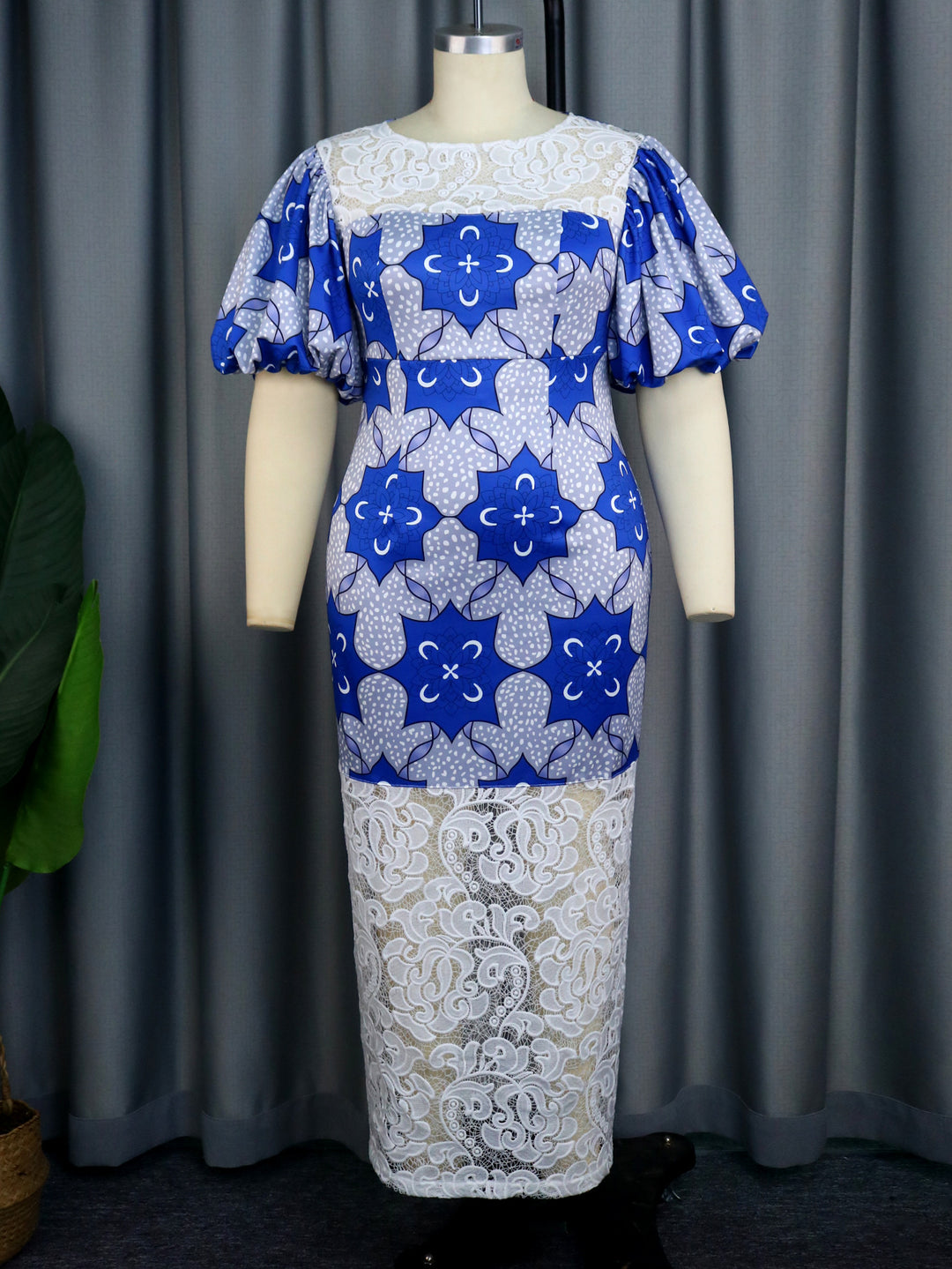 Damen Elegantes Langarmkleid mit ausgefallenen Puffärmeln und Spitzenbesatz Drune