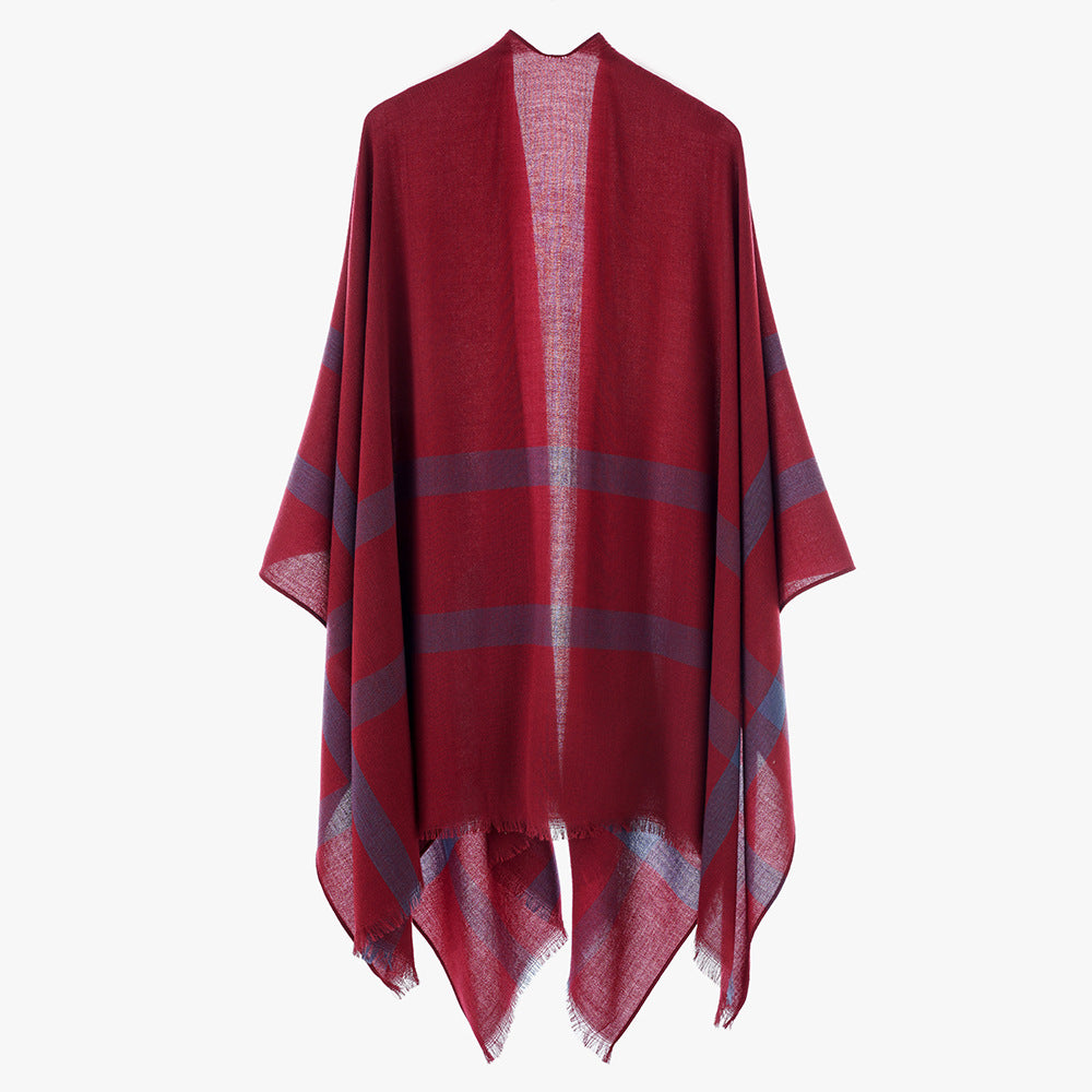 Damen leichter Feinstrick-Cape mit diagonalen Kontraststreifen und Fransen Drune