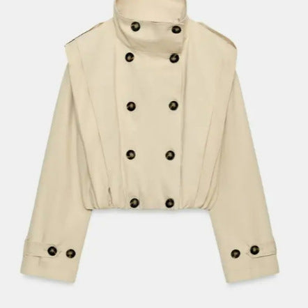 Damen Cropped Trenchjacke mit doppelreihiger Knopfleiste, hohem Stehkragen und taillierendem Elastbund Drune