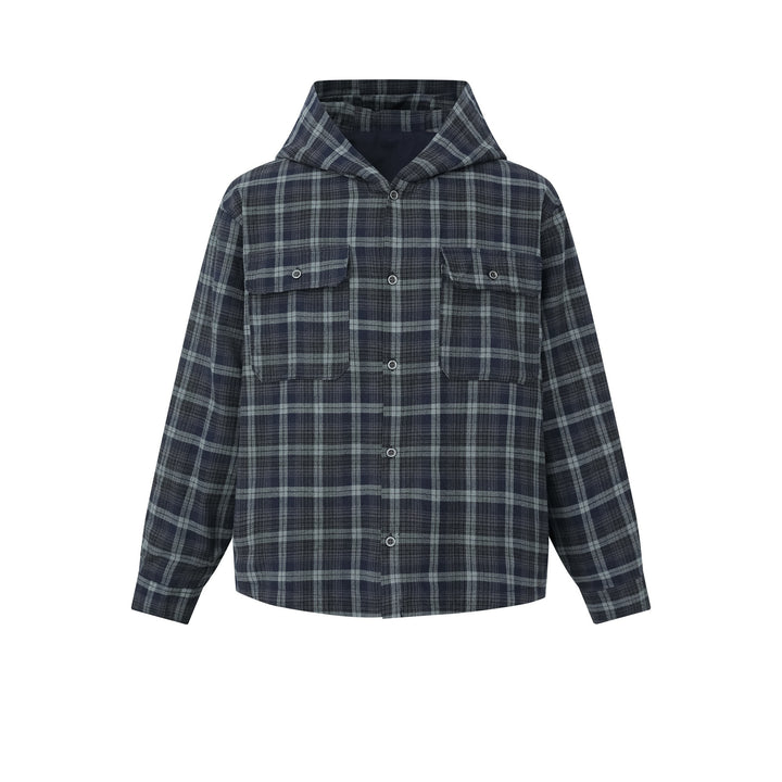 Herren Karo-Overshirt mit Kapuze, wattierter Hemdjacke und aufgesetzten Pattentaschen Drune