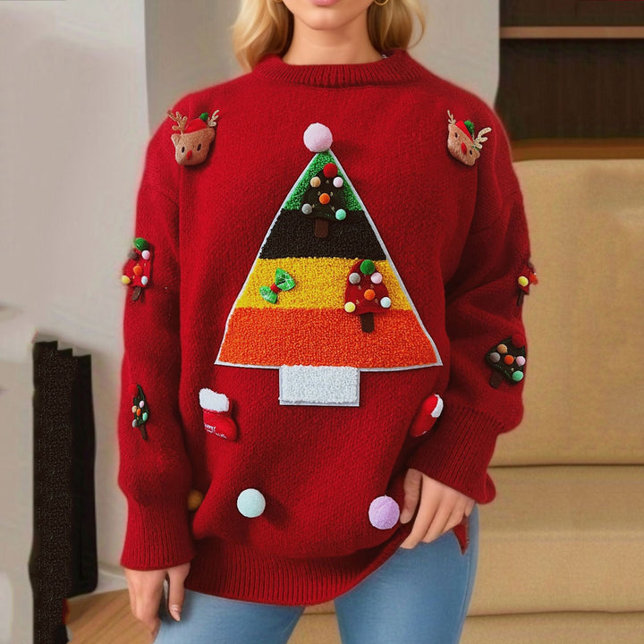 Damen Weihnachts-Pullover mit fröhlichem Weihnachtsbaum-Design und 3D-Applikationen Drune