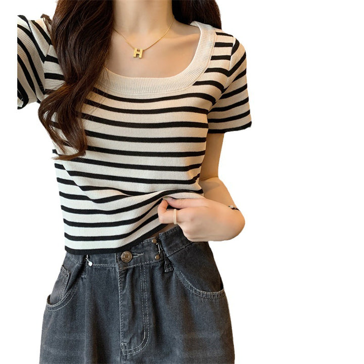 Damen cropped Streifenoberteil mit modernem Knoten-Design und elastischem Saum Drune