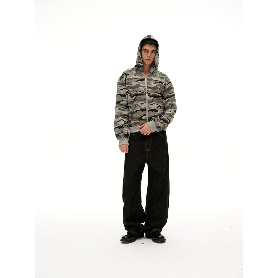 Unisex Oversize-Kapuzenjacke mit durchgehendem Reißverschluss und Camouflage-Print Drune