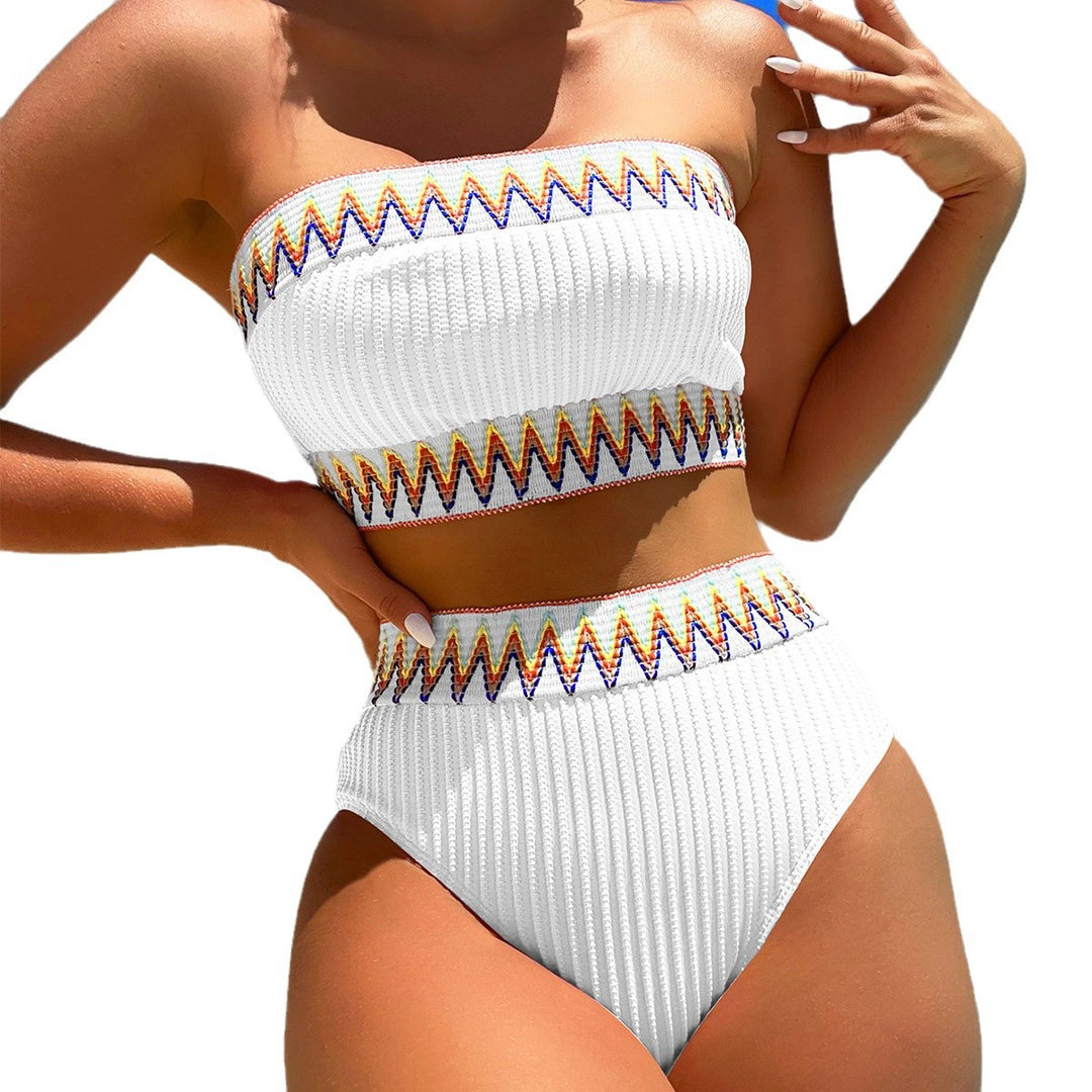 Damen Hochgeschnittener Bandeau-Bikini mit farbenfrohem Zick-Zack-Muster Drune
