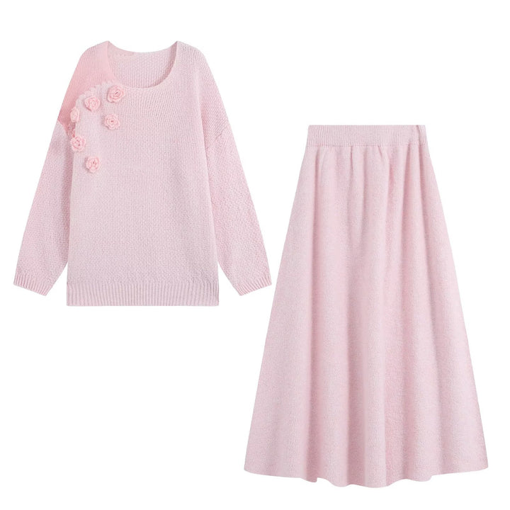 Damen Strickset aus Kuschelpullover mit 3D-Blütenapplikation und A-Linien-Rock Drune
