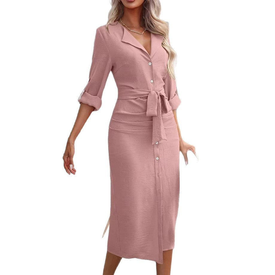 Damen Hemdblusenkleid mit Taillengürtel, Umschlagärmeln und vorderem Schlitz Drune
