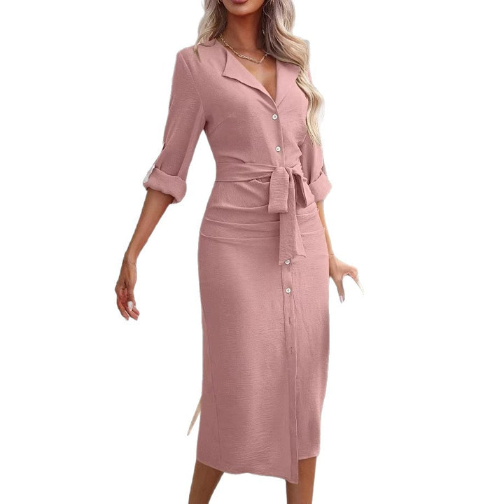 Damen Hemdblusenkleid mit Taillengürtel, Umschlagärmeln und vorderem Schlitz Drune