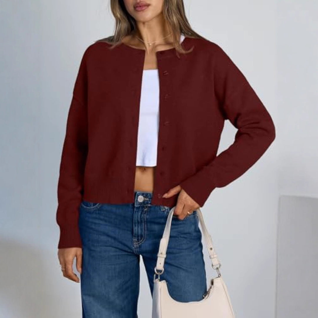Damen Cropped Strickjacke im Boxy‑Schnitt mit Rundhals und Rippbündchen Drune