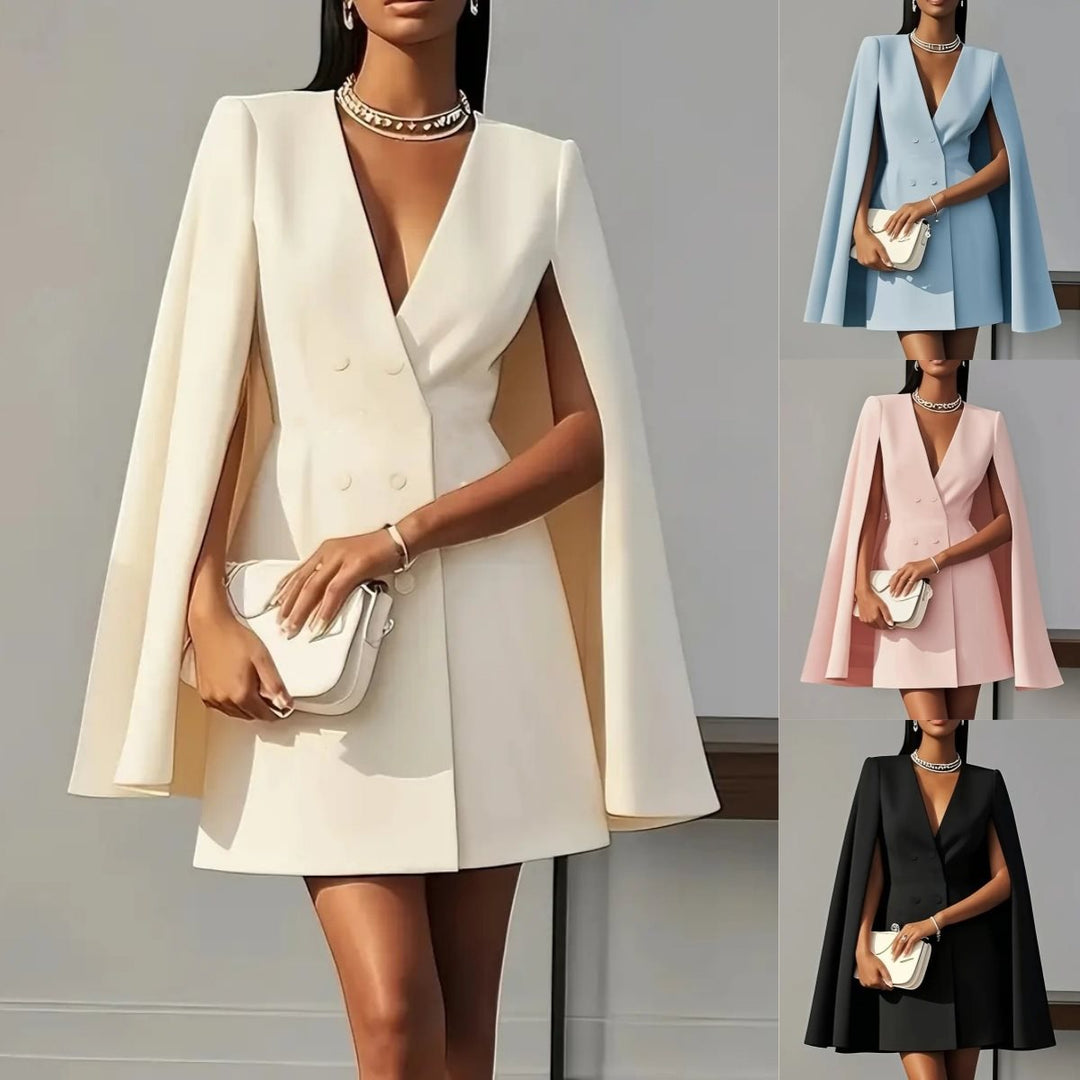 Damen Cape-Blazer-Kleid mit Doppelreihe und tiefem V-Ausschnitt Drune