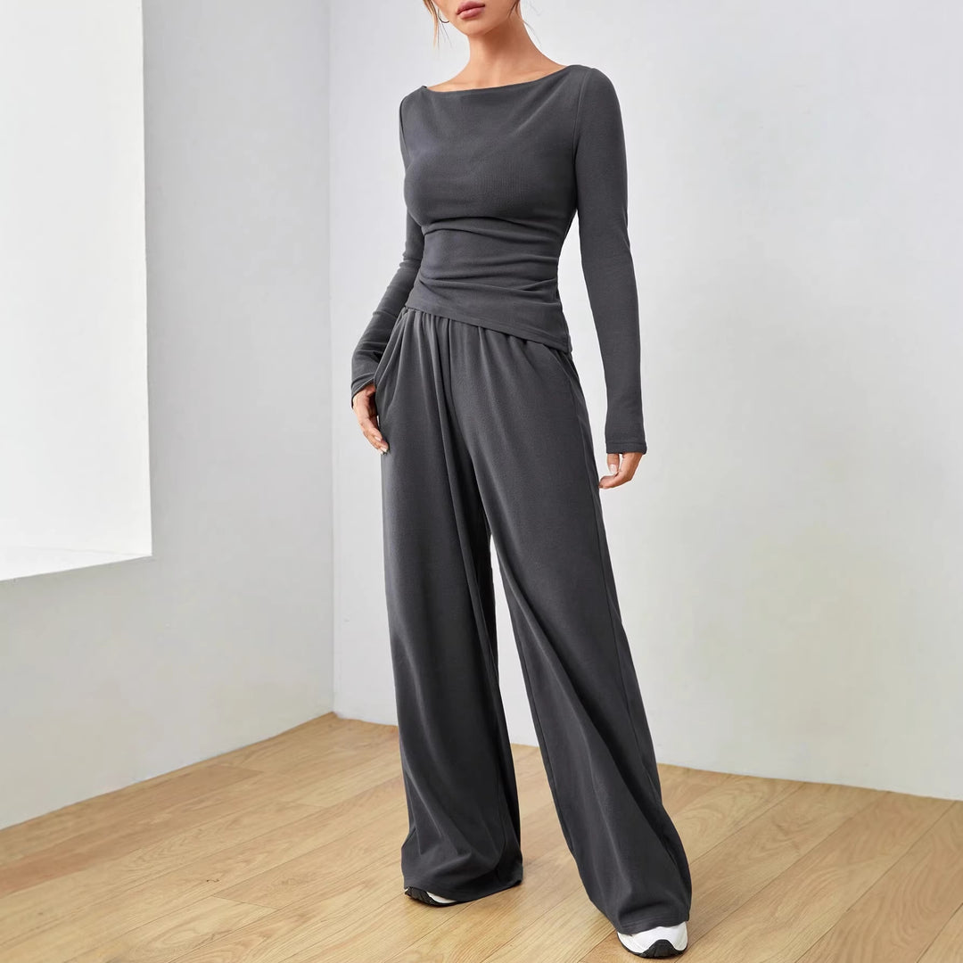 Damen Lässiges Two‑Piece Lounge‑Set mit U‑Boot‑Ausschnitt, taillierter Drapierung und weitem Palazzohose Drune