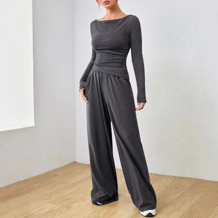 Damen Lässiges Two‑Piece Lounge‑Set mit U‑Boot‑Ausschnitt, taillierter Drapierung und weitem Palazzohose Drune