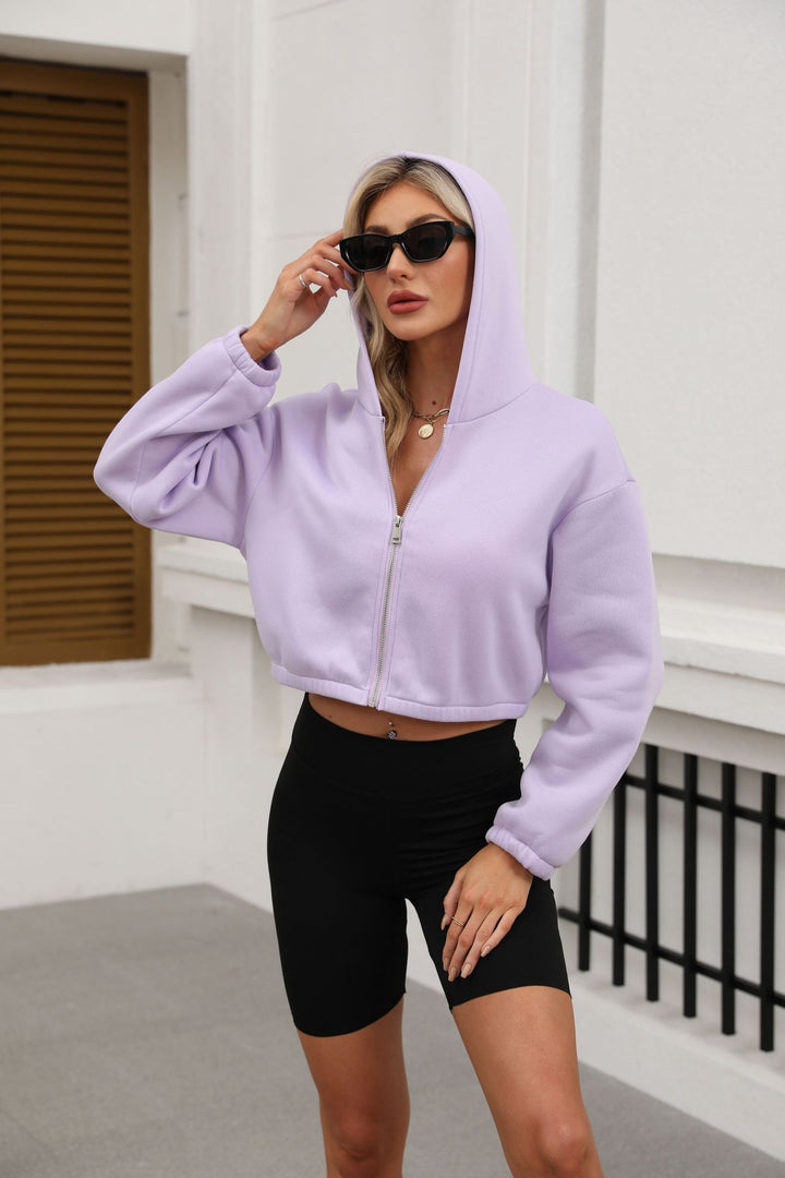 Damen Cropped Kapuzenjacke mit durchgehendem Reißverschluss und oversized Ärmeln Drune