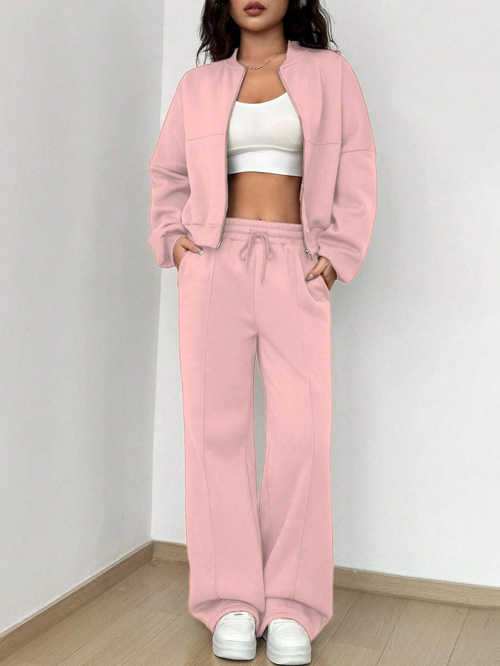Damen Loungewear-Set mit kurzem Reißverschluss-Bomber und weiter High-Waist Jogginghose Drune