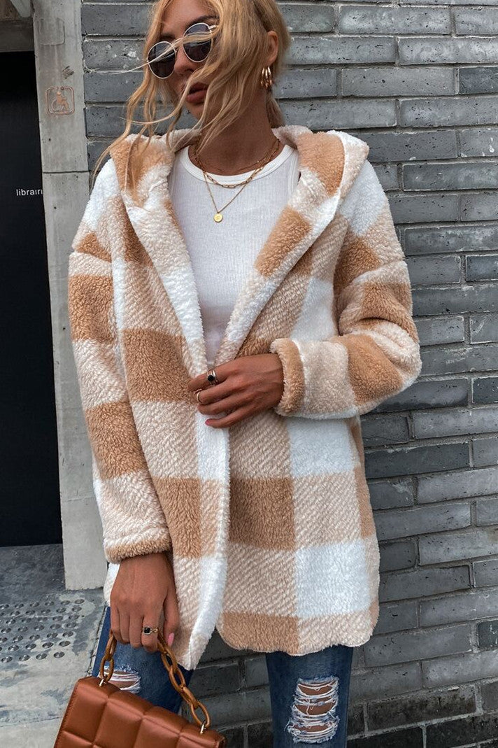 Drune | Lamm Lockerer Kapuzen Plaid Strickjacke Jacke