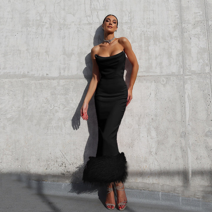 Damen Elegantes Midi-Kleid mit verführerischem Federbesatz Drune