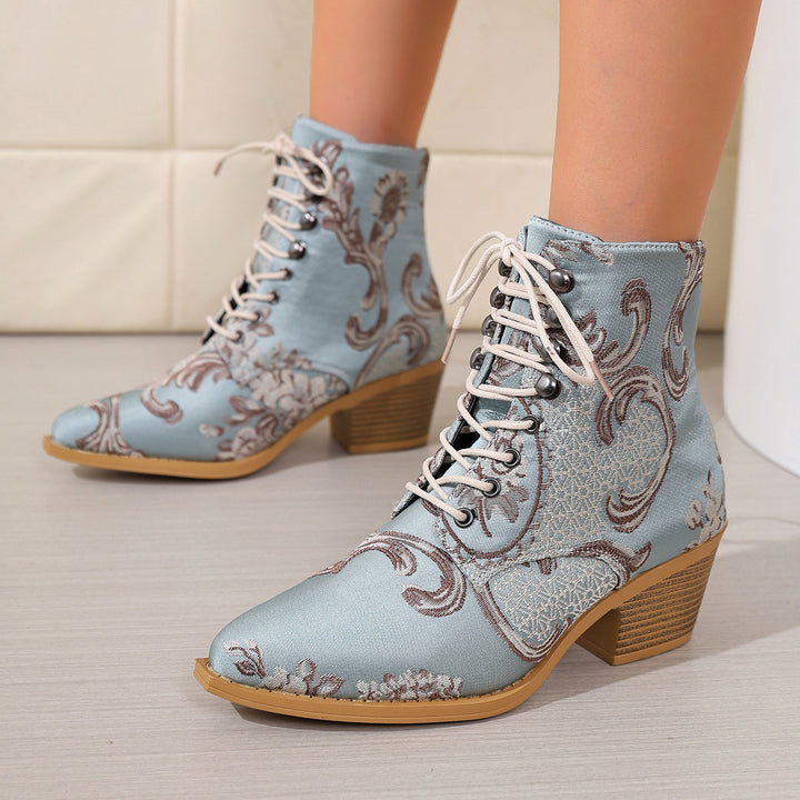 Damen bestickte Schnür-Stiefelette mit Jacquard-Brokatmuster und niedrigem Blockabsatz Drune