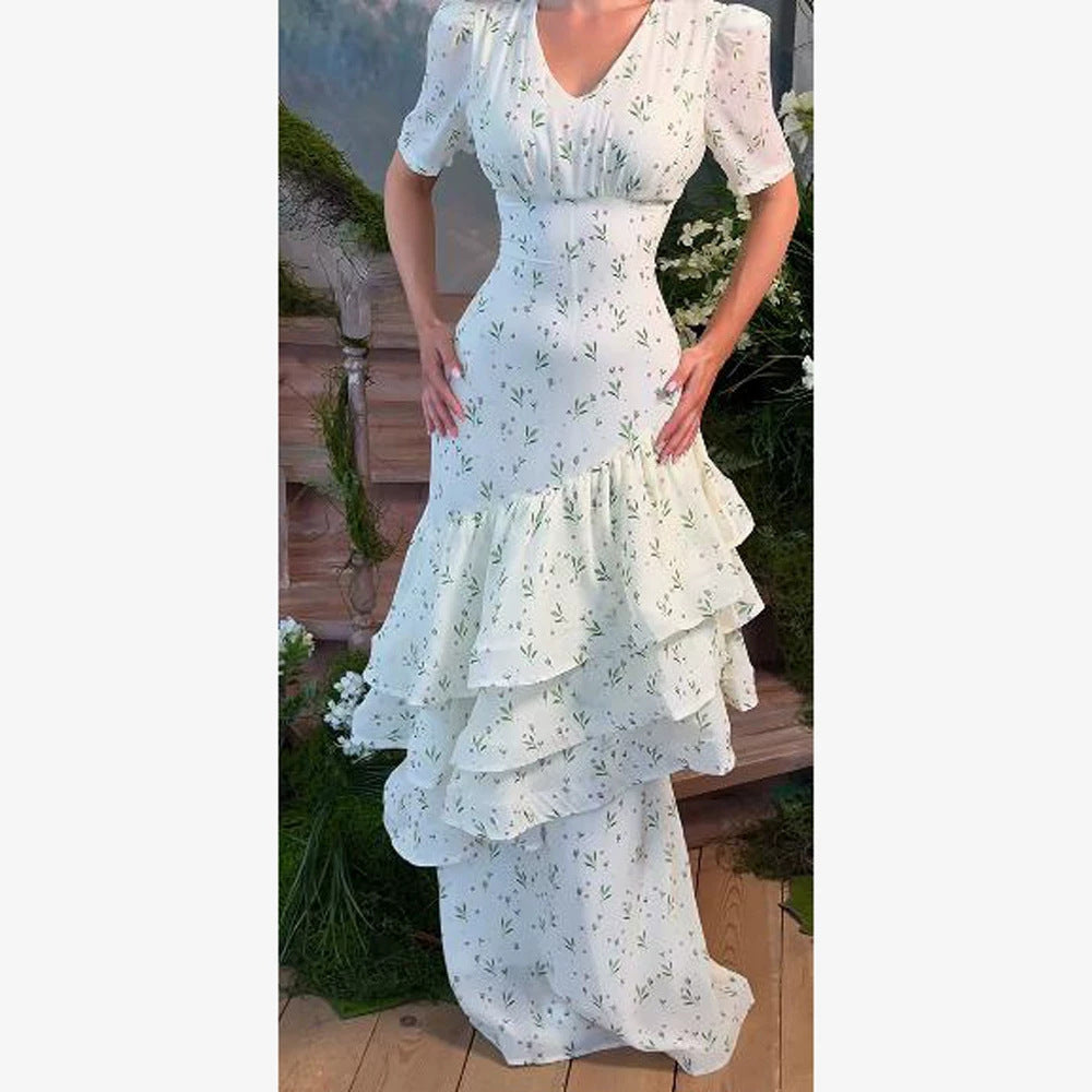 Damen Maxikleid im Vintage‑Romantik‑Stil mit asymmetrischen Volants und Puffärmeln Drune