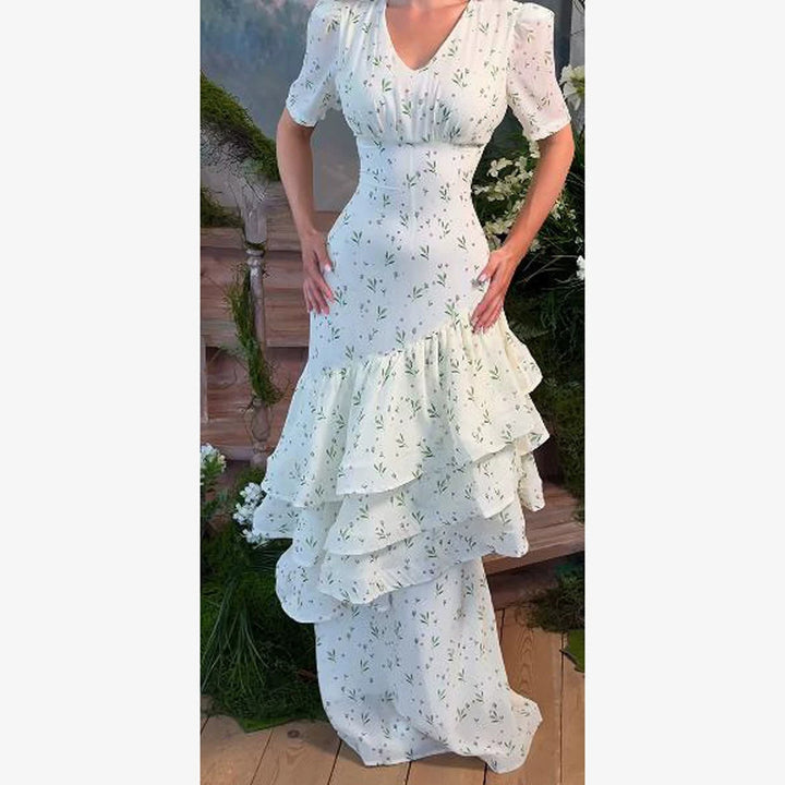 Damen Maxikleid im Vintage‑Romantik‑Stil mit asymmetrischen Volants und Puffärmeln Drune