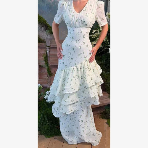 Damen Maxikleid im Vintage‑Romantik‑Stil mit asymmetrischen Volants und Puffärmeln Drune