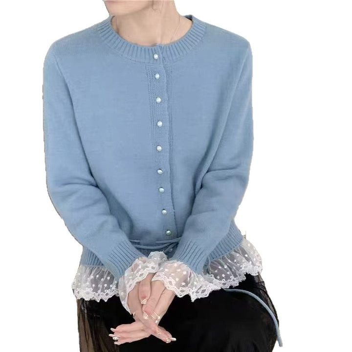 Damen romantischer Strick-Cardigan mit Spitze und Knopfdetails Drune