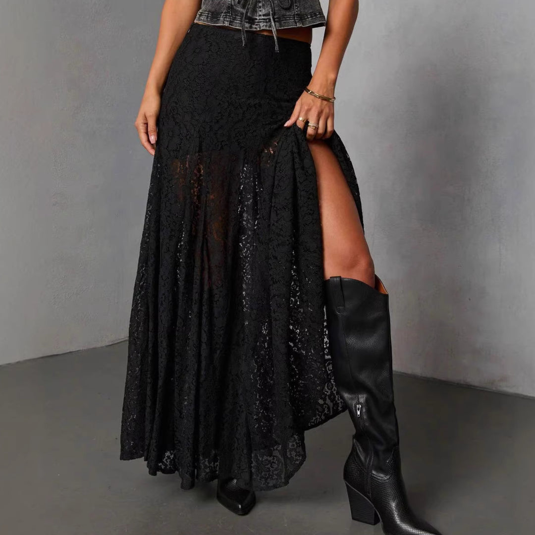 Damen Eleganter Spitzenmaxirock mit fließendem Fall und transparenten Details Drune