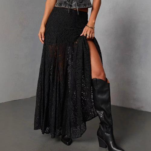 Damen Eleganter Spitzenmaxirock mit fließendem Fall und transparenten Details Drune