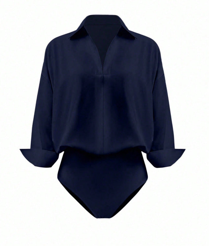Damen Eleganter Hemdblusen-Body mit V-Ausschnitt, Oversize‑Schnitt und Umschlagmanschetten Drune