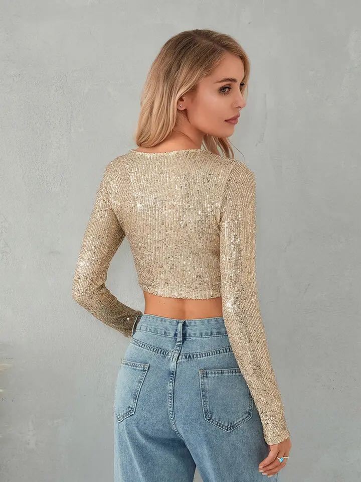 Damen Glitzerndes Langarm-Top mit funkelnden Pailletten Drune