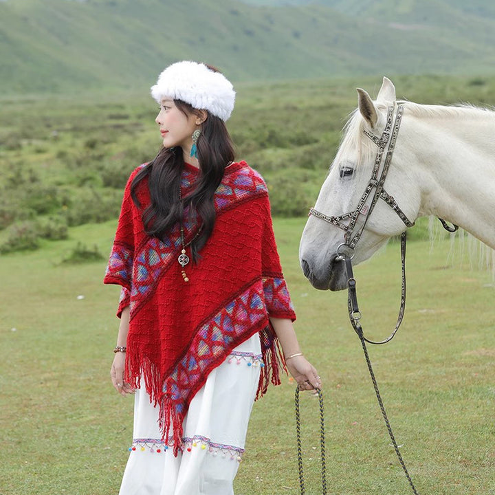 Damen Oversize-Poncho mit Fransen und geometrischem Jacquardbesatz Drune