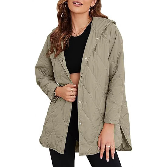 Damen gesteppte Kapuzenjacke mit Oversize-Schnitt, Druckknopfverschluss und Seitenschlitzen Drune