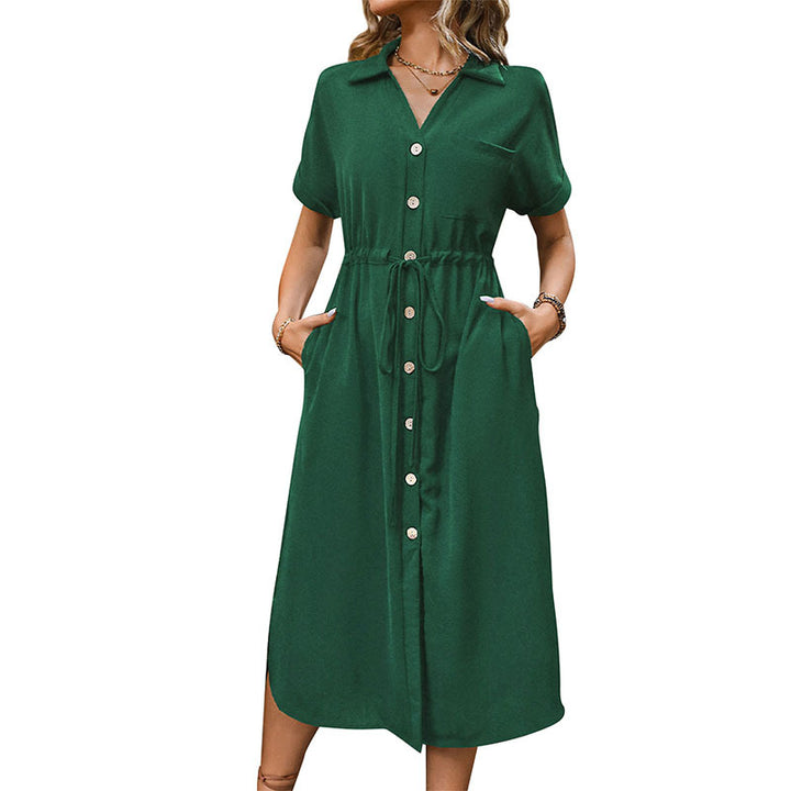 Damen Langarm Hemdblusenkleid mit Taillengürtel Drune