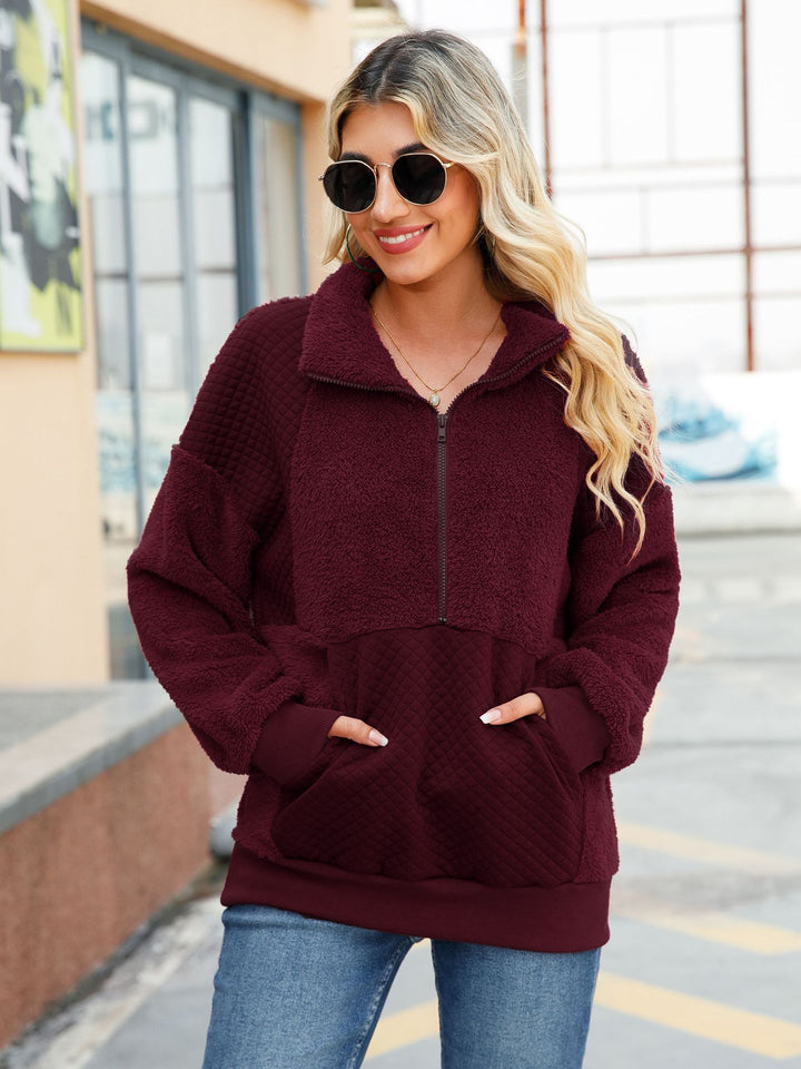 Damen Kuscheliger Zip-Pullover mit strukturiertem Fleece und bequemen Taschen Drune