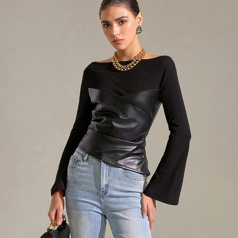 Damen Oberteil mit ausgefallenem Wickeldesign und eleganten Trompetenärmeln Drune