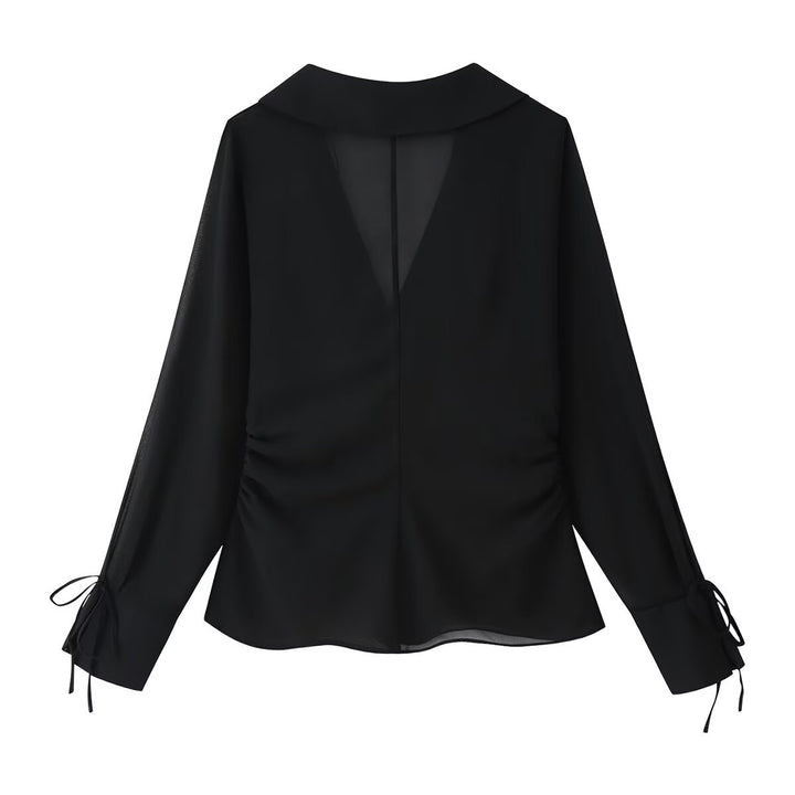 Damen Chiffon-Bluse mit Pailettenbesatz, tiefem V‑Ausschnitt und Bindeband Drune