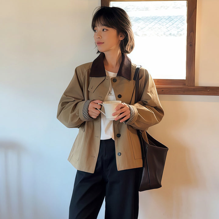 Damen Boxy Übergangsjacke mit Cordkragen und großen Pattentaschen Drune