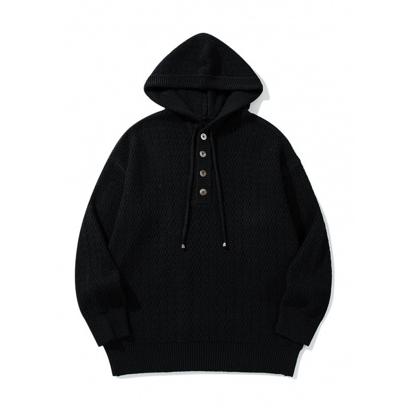 Unisex Strukturstrick-Hoodie mit halber Knopfleiste und Tunnelzugkapuze Drune