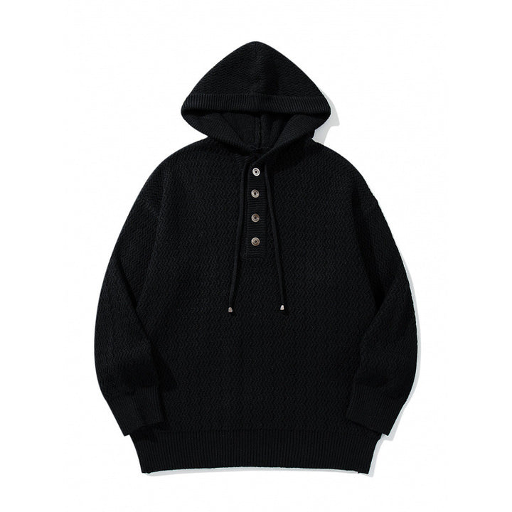 Unisex Strukturstrick-Hoodie mit halber Knopfleiste und Tunnelzugkapuze Drune