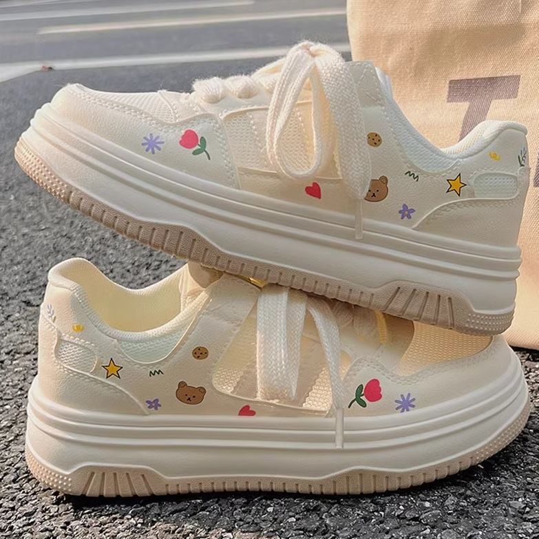 Damen Plateau-Sneaker mit niedlichen Cartoon-Prints und gepolstertem Komfortkragen Drune