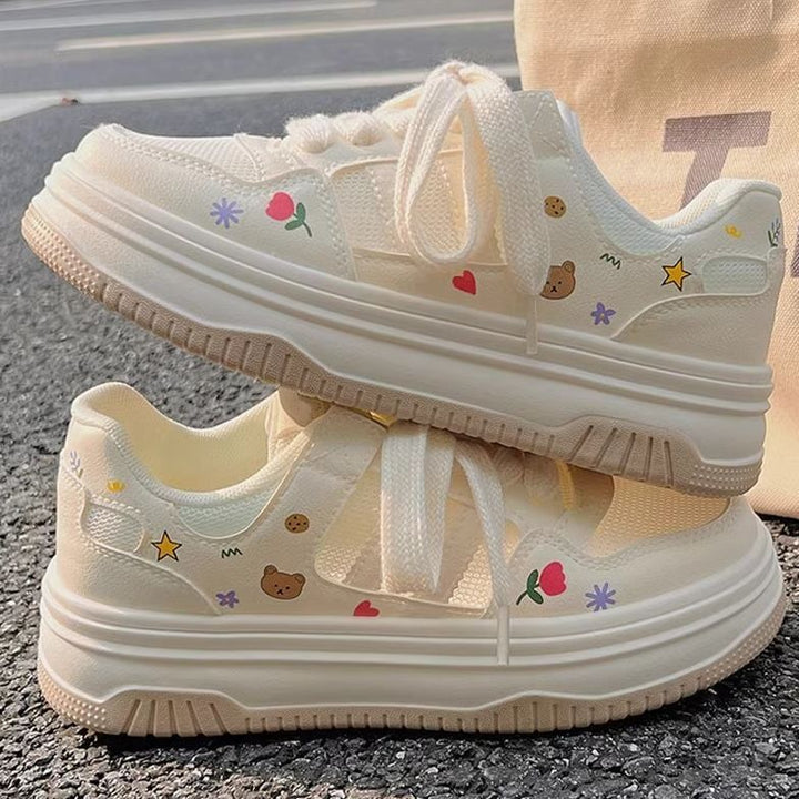 Damen Plateau-Sneaker mit niedlichen Cartoon-Prints und gepolstertem Komfortkragen Drune