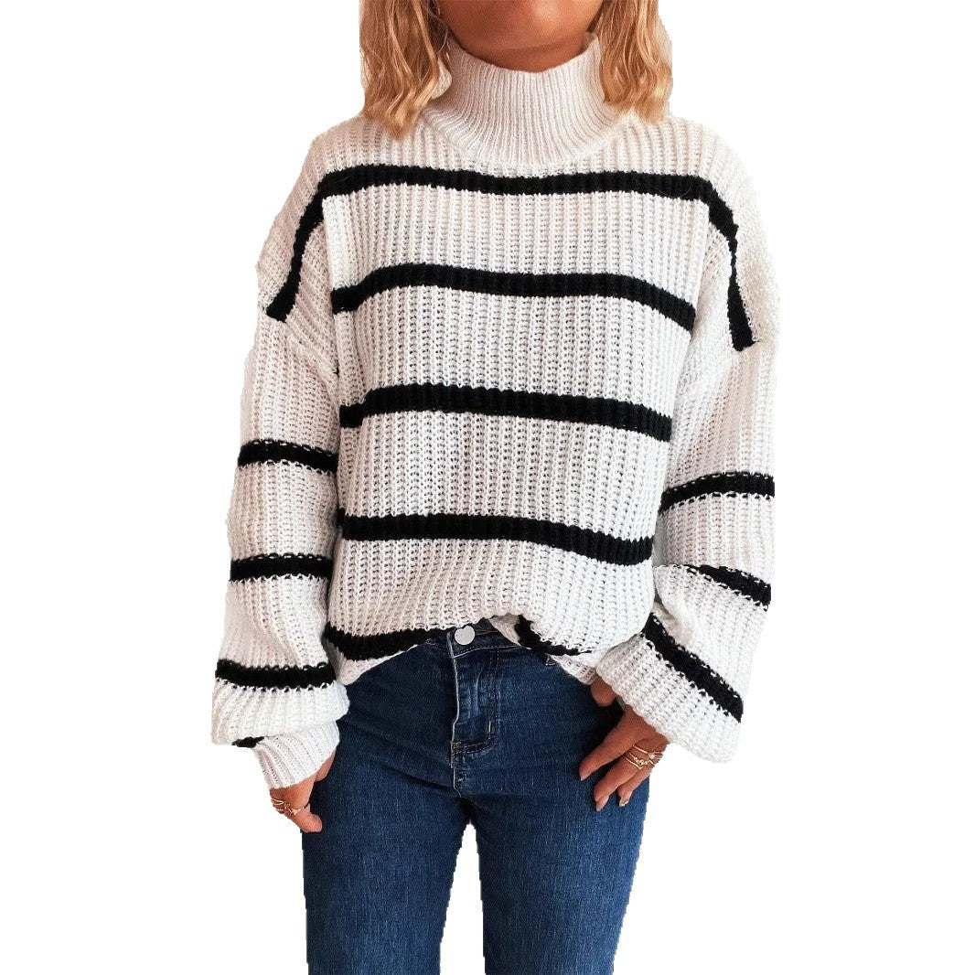 Damen modischer Grobstrickpullover mit Rollkragen und Streifenmuster Drune