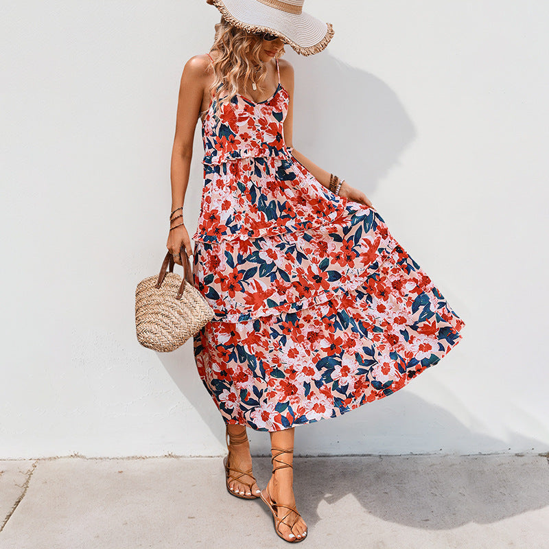 Damen Maxikleid mit floralen Rüschen und Spaghettiträgern Drune