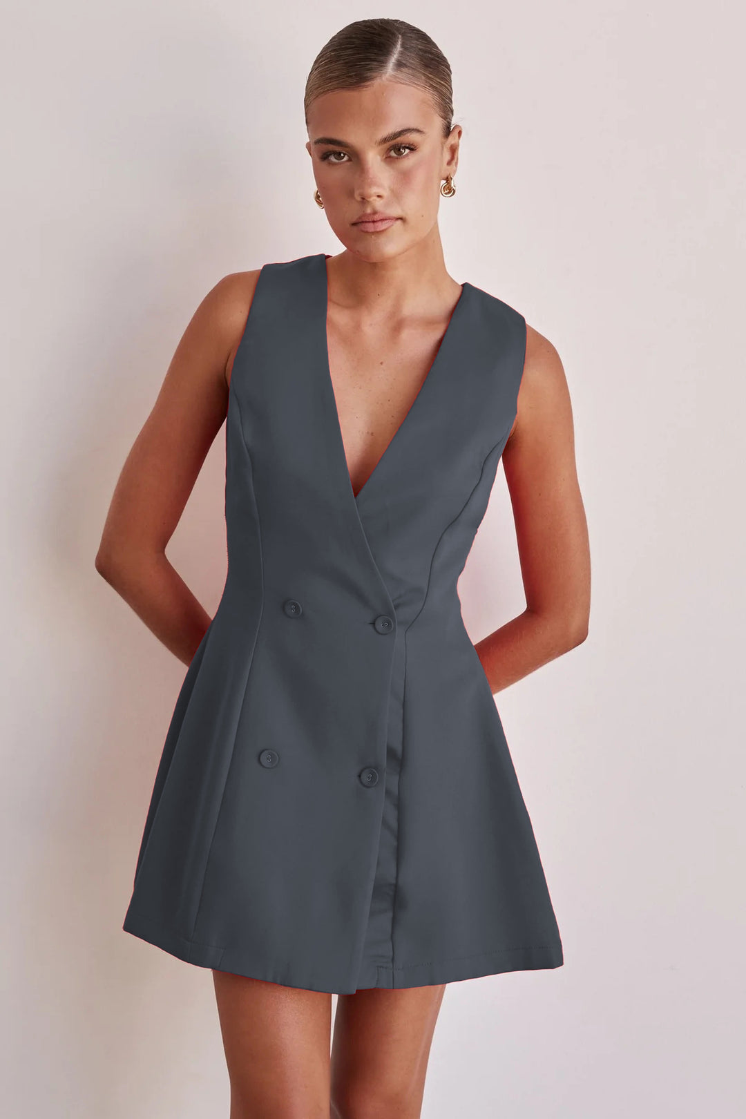 Damen Blusenkleid mit tiefem V-Ausschnitt und doppelter Knopfleiste Drune