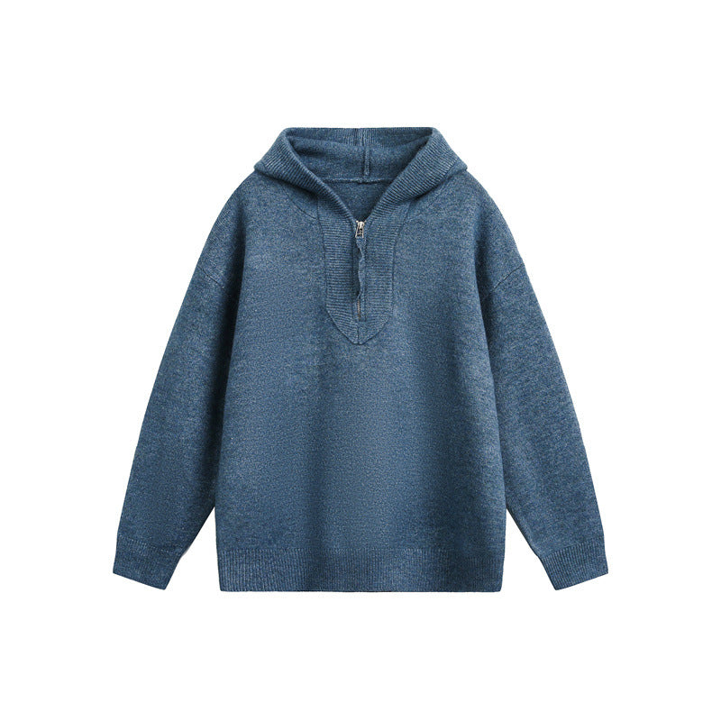 Damen Oversize-Strickpullover mit halbem Reißverschluss und Kapuzenkragen Drune