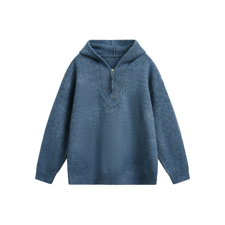 Damen Oversize-Strickpullover mit halbem Reißverschluss und Kapuzenkragen Drune