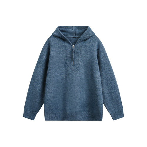 Damen Oversize-Strickpullover mit halbem Reißverschluss und Kapuzenkragen Drune