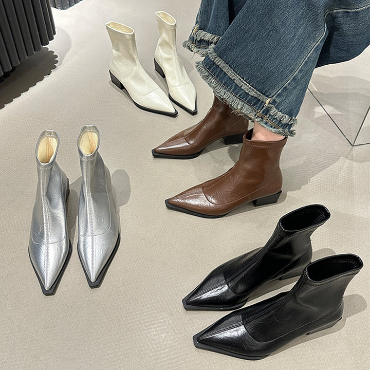 Damen elegante Stiefeletten mit spitzem Zehenbereich und Blockabsatz Drune